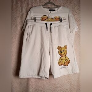George V White Tee with Glittering Orange Bear And Pants With Bear
